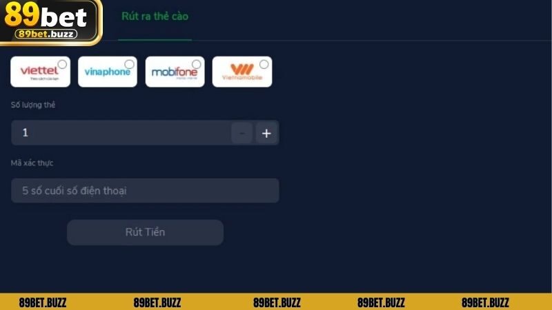 Cách rút tiền 89BET bằng thẻ cào điện thoại